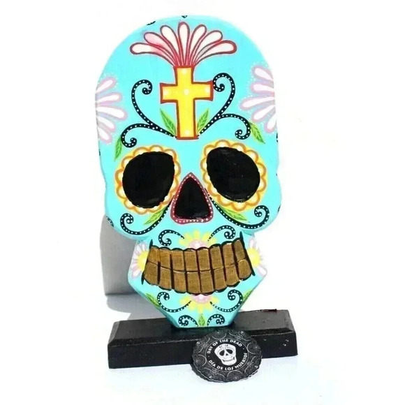 NEW Solid Wood Day of the Dead Sugar Skull Tabletop Figure HALLOWEEN Indonesia - Picture 2 of 4